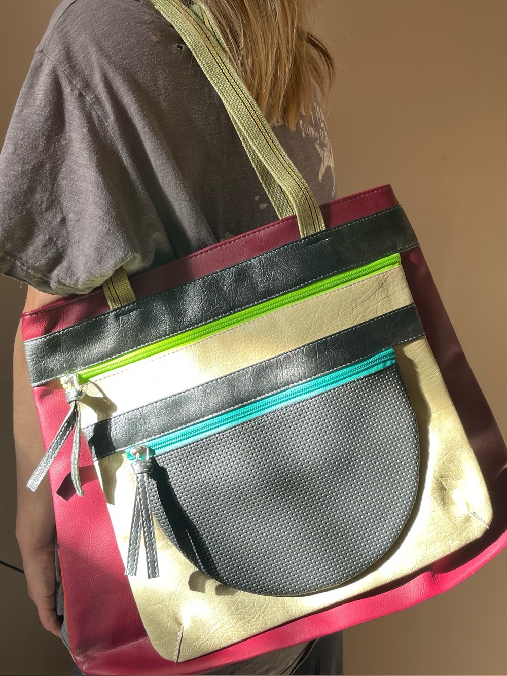 ONE OF A KIND Handmade Multicolor Tote Bag with Front Zip Pockets WITH FREE GIFT